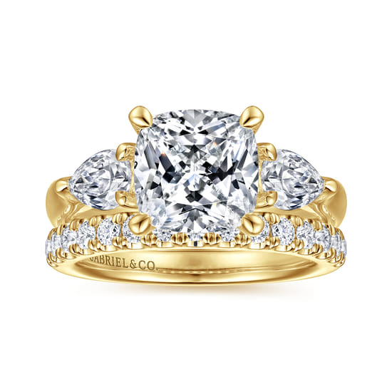 14K Yellow Gold Cushion Cut Three Stone Diamond Engagement Ring angle 4