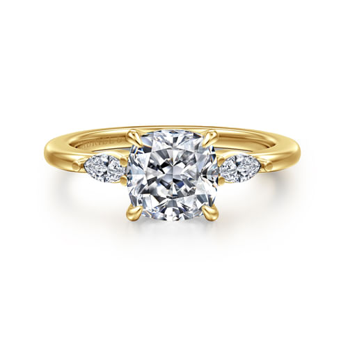14K Yellow Gold Cushion Cut Three Stone Diamond Engagement Ring