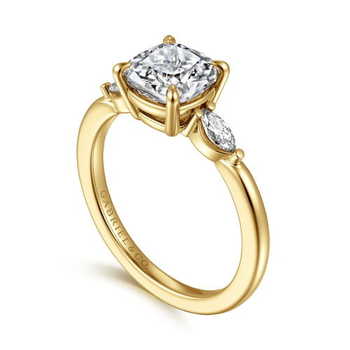 14K Yellow Gold Cushion Cut Three Stone Diamond Engagement Ring