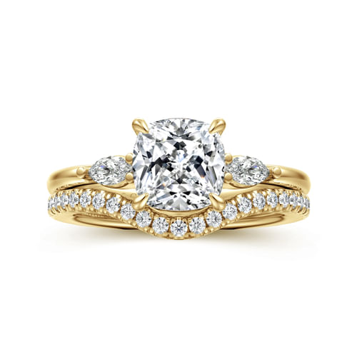 14K Yellow Gold Cushion Cut Three Stone Diamond Engagement Ring