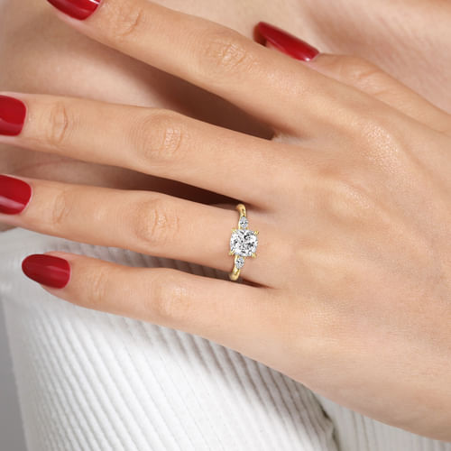 14K Yellow Gold Cushion Cut Three Stone Diamond Engagement Ring