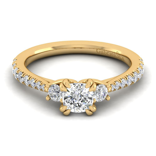14K Yellow Gold Cushion Cut Three Stone Diamond Engagement Ring