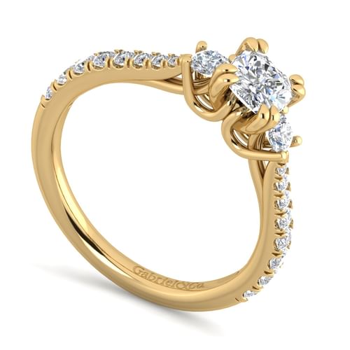 14K Yellow Gold Cushion Cut Three Stone Diamond Engagement Ring