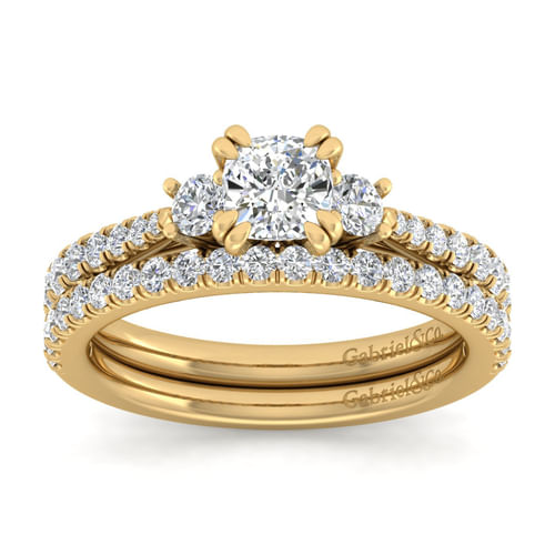 14K Yellow Gold Cushion Cut Three Stone Diamond Engagement Ring