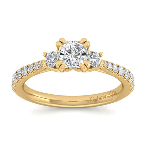 14K Yellow Gold Cushion Cut Three Stone Diamond Engagement Ring