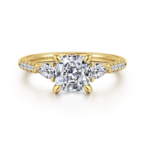 14K Yellow Gold Cushion Cut Three Stone Lotus Diamond Engagement Ring