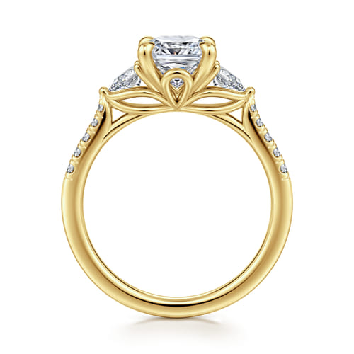 14K Yellow Gold Cushion Cut Three Stone Lotus Diamond Engagement Ring