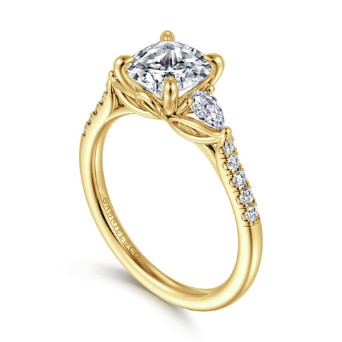 14K Yellow Gold Cushion Cut Three Stone Lotus Diamond Engagement Ring