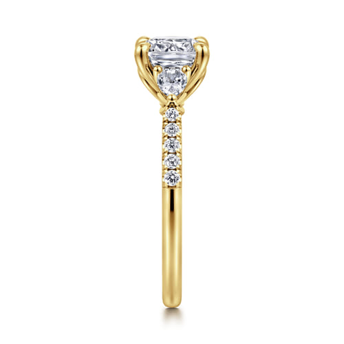 14K Yellow Gold Cushion Cut Three Stone Lotus Diamond Engagement Ring