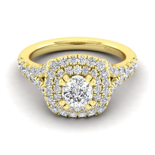 14K Yellow Gold Cushion Double Halo Diamond Engagement Ring