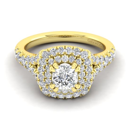Gabriel - 14K Yellow Gold Cushion Double Halo Diamond Engagement Ring