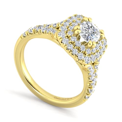 14K Yellow Gold Cushion Double Halo Diamond Engagement Ring