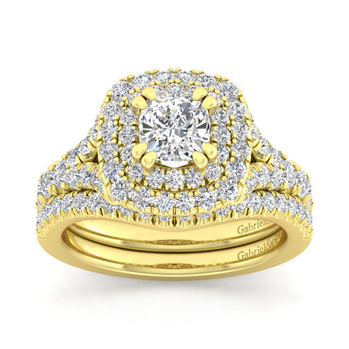 14K Yellow Gold Cushion Double Halo Diamond Engagement Ring