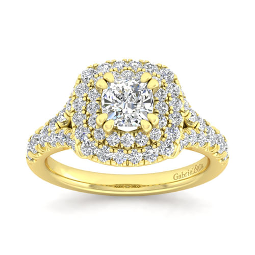 14K Yellow Gold Cushion Double Halo Diamond Engagement Ring