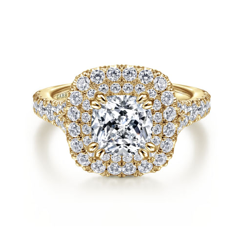 14K Yellow Gold Cushion Double Halo Diamond Engagement Ring
