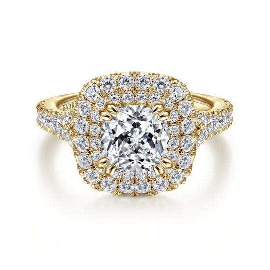 Gabriel - 14K Yellow Gold Cushion Double Halo Diamond Engagement Ring