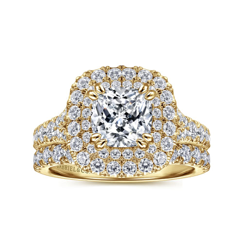14K Yellow Gold Cushion Double Halo Diamond Engagement Ring