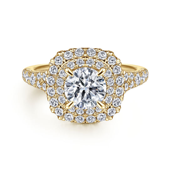 Gabriel - 14K Yellow Gold Cushion Double Halo Round Diamond Engagement Ring