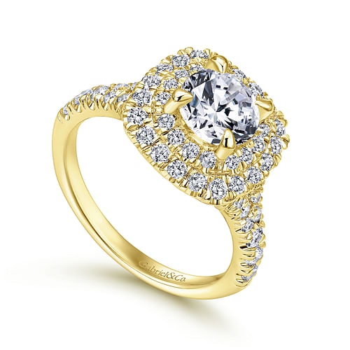 14K Yellow Gold Cushion Double Halo Round Diamond Engagement Ring