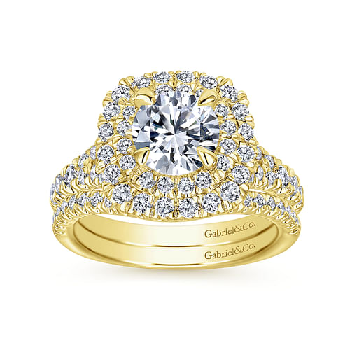14K Yellow Gold Cushion Double Halo Round Diamond Engagement Ring