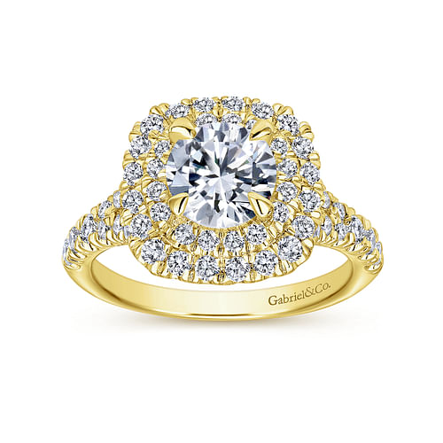 14K Yellow Gold Cushion Double Halo Round Diamond Engagement Ring