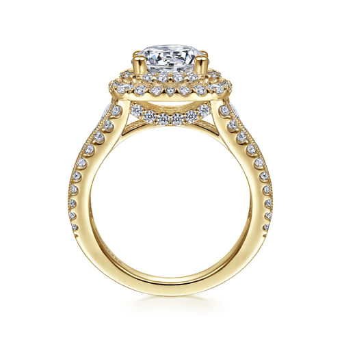 14K Yellow Gold Cushion Double Halo Round Diamond Engagement Ring