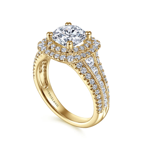 14K Yellow Gold Cushion Double Halo Round Diamond Engagement Ring