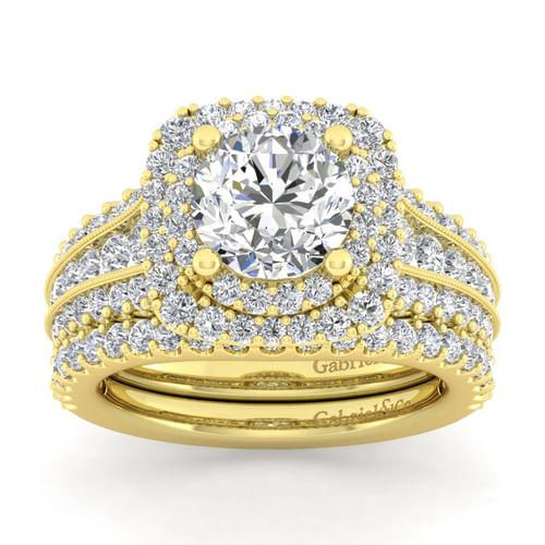 14K Yellow Gold Cushion Double Halo Round Diamond Engagement Ring
