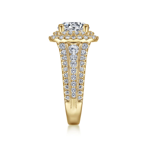 14K Yellow Gold Cushion Double Halo Round Diamond Engagement Ring