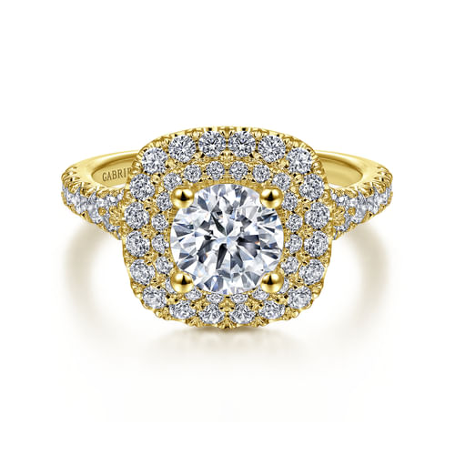 14K Yellow Gold Cushion Double Halo Round Diamond Engagement Ring