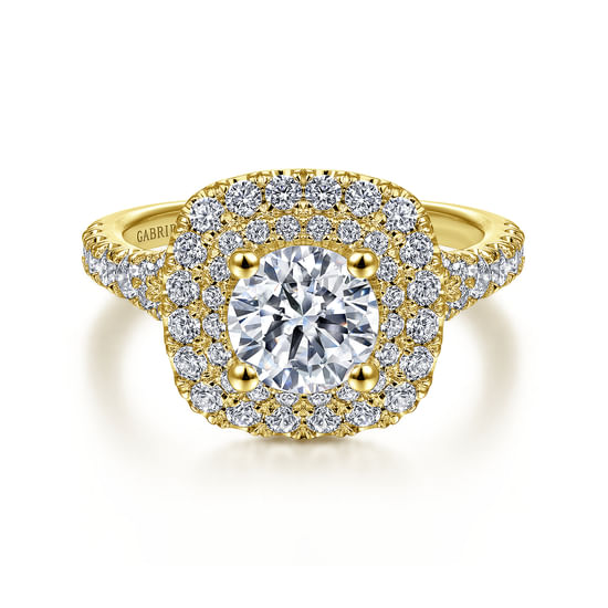 Gabriel - 14K Yellow Gold Cushion Double Halo Round Diamond Engagement Ring