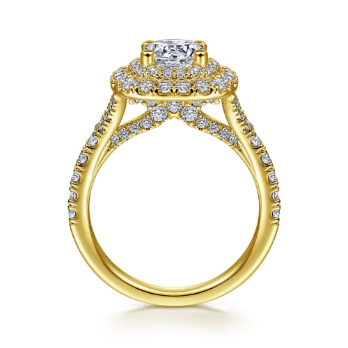 14K Yellow Gold Cushion Double Halo Round Diamond Engagement Ring