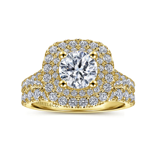 14K Yellow Gold Cushion Double Halo Round Diamond Engagement Ring