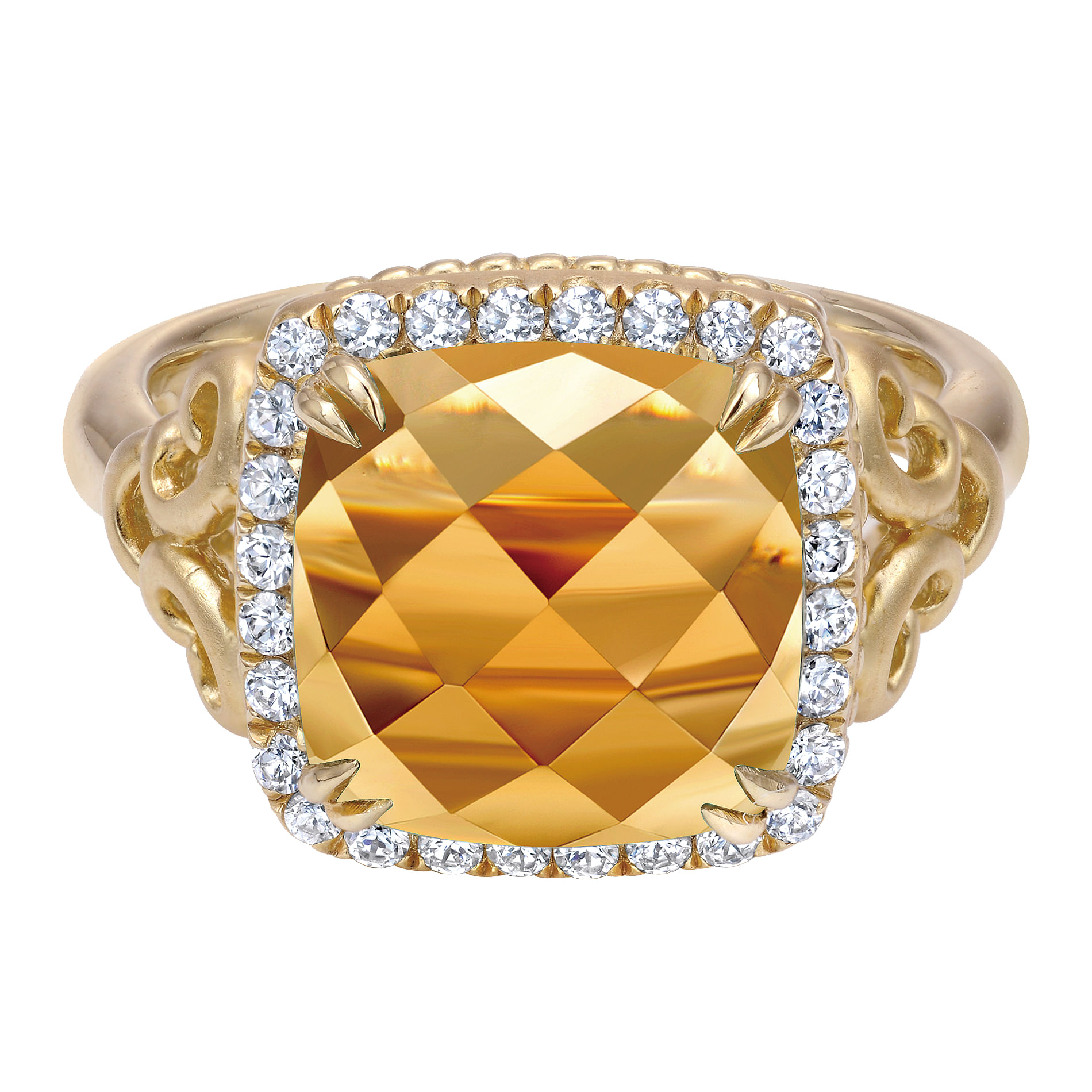 14K Yellow Gold Cushion Halo Citrine and Diamond Ring