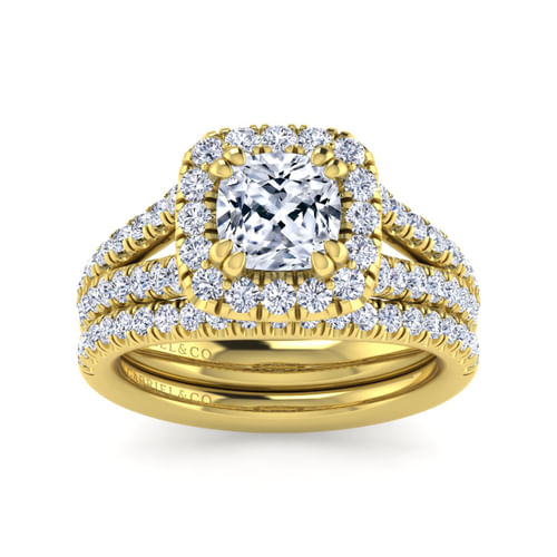 14K Yellow Gold Cushion Halo Diamond Engagement Ring