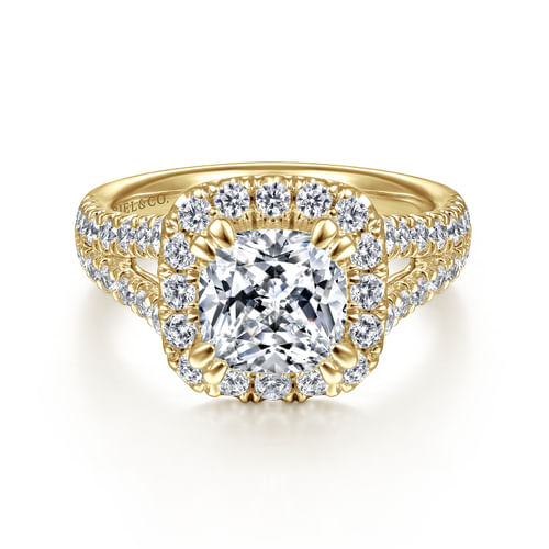 14K Yellow Gold Cushion Halo Diamond Engagement Ring