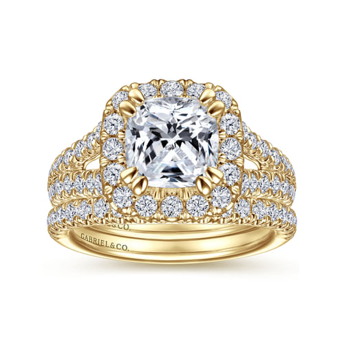 14K Yellow Gold Cushion Halo Diamond Engagement Ring