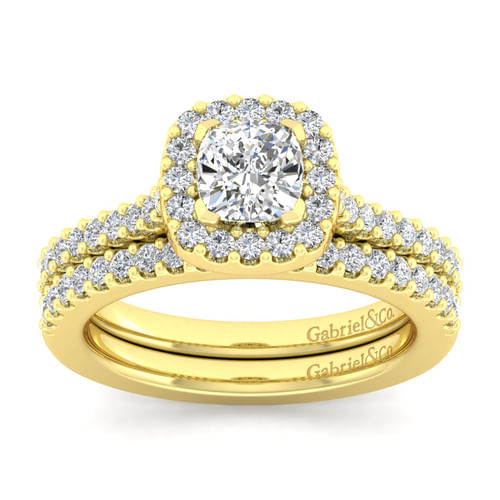 14K Yellow Gold Cushion Halo Diamond Engagement Ring