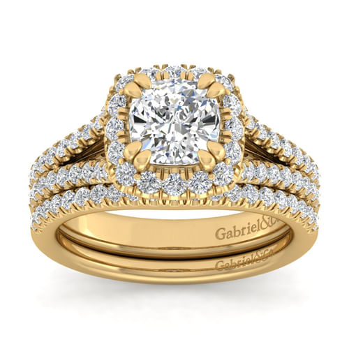 14K Yellow Gold Cushion Halo Diamond Engagement Ring