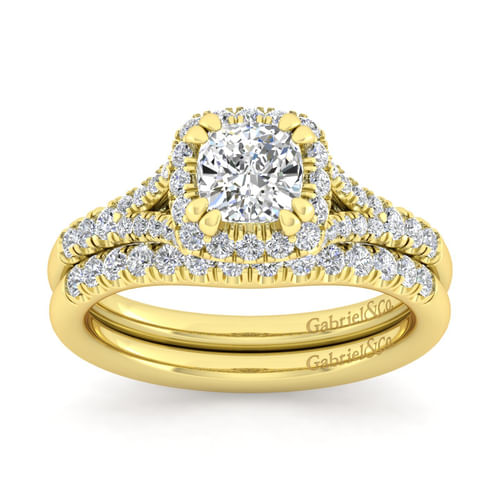 14K Yellow Gold Cushion Halo Diamond Engagement Ring