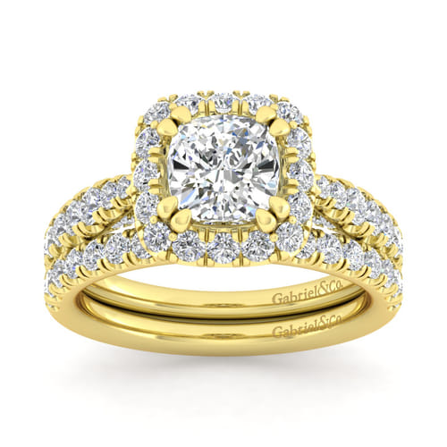 14K Yellow Gold Cushion Halo Diamond Engagement Ring