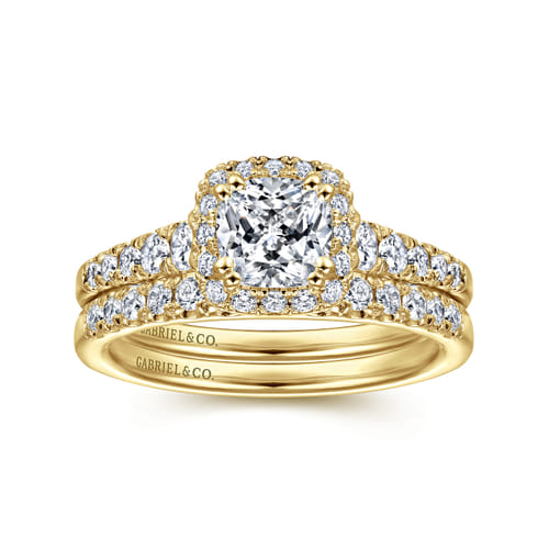 14K Yellow Gold Cushion Halo Diamond Engagement Ring