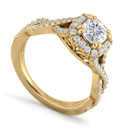 14K Yellow Gold Cushion Halo Diamond Engagement Ring