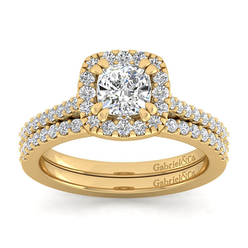 14K Yellow Gold Cushion Halo Diamond Engagement Ring