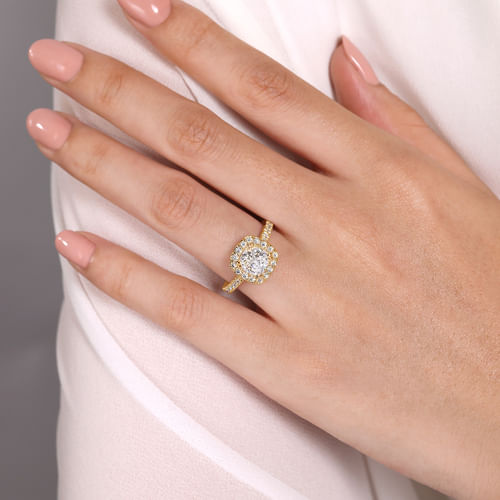 14K Yellow Gold Cushion Halo Diamond Engagement Ring