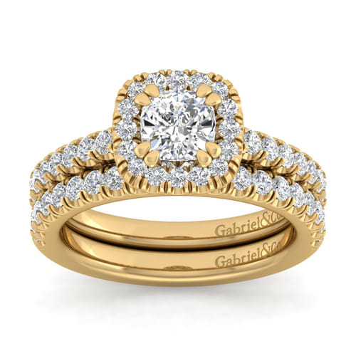 14K Yellow Gold Cushion Halo Diamond Engagement Ring