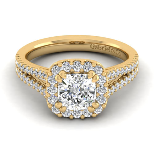 14K Yellow Gold Cushion Halo Diamond Engagement Ring