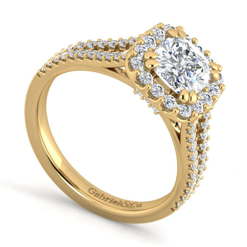 14K Yellow Gold Cushion Halo Diamond Engagement Ring
