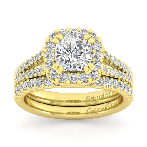 14K Yellow Gold Cushion Halo Diamond Engagement Ring