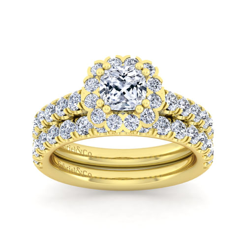 14K Yellow Gold Cushion Halo Diamond Engagement Ring